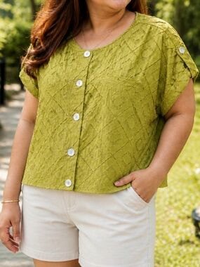 Ruby Rd. Cotton Blend Lace Overlay Button Front Top | Textured Green
